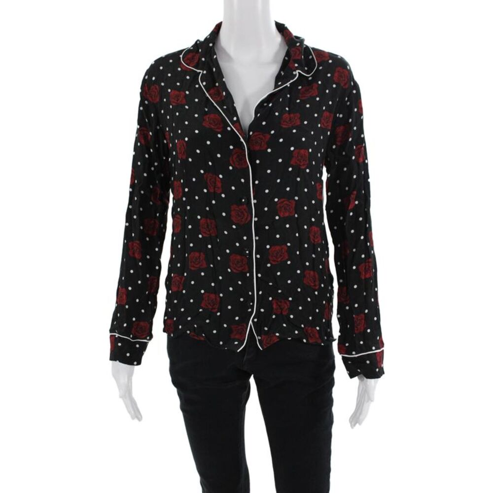 Three Dots Womens Black Floral Polka Dot Collared Button-Up Long Sleeve Size XS